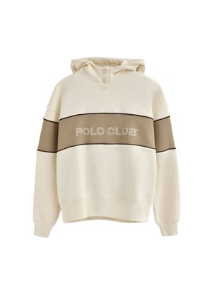 Licht beige sweatshirt met een capuchon, voorzien van een bruine streep en de tekst "POLO CLUB". Zachte textuur, ontspannen pasvorm en drukknoopdetail bij de hals.