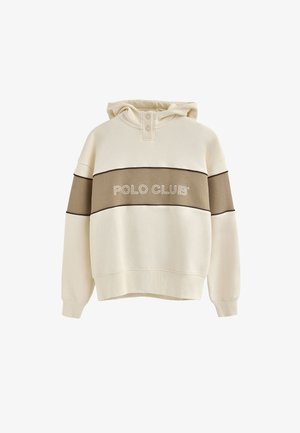 Jasno beżowy sweatshirt z kapturem, z brązowym paskiem i napisem "POLO CLUB". Miękka faktura, luźny krój oraz detal z zatrzaskiem przy szyi.
