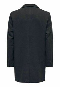 Manteau long noir avec col et poignets boutonnés, vu de dos sur un fond blanc uni.