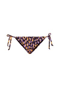 Bikini apakšda ar purpura, oranžas un melnas abstraktas rakstura. Iespējas ar saites aizdari abās pusēs un gludu auduma faktūru.