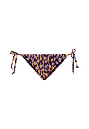 Bikini donji dio s apstraktnim uzorkom u ljubičastoj, narančastoj i crnoj boji. Ima vezice sa strane i glatku teksturu tkanine.