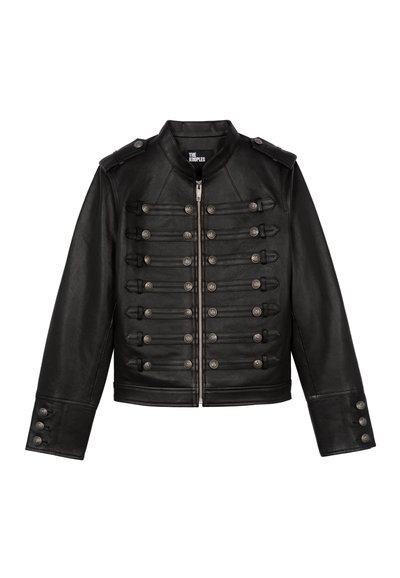 Veste en cuir noir avec fermeture éclair, devant de style militaire avec boutons argentés, épaulettes et poignets à boutons.