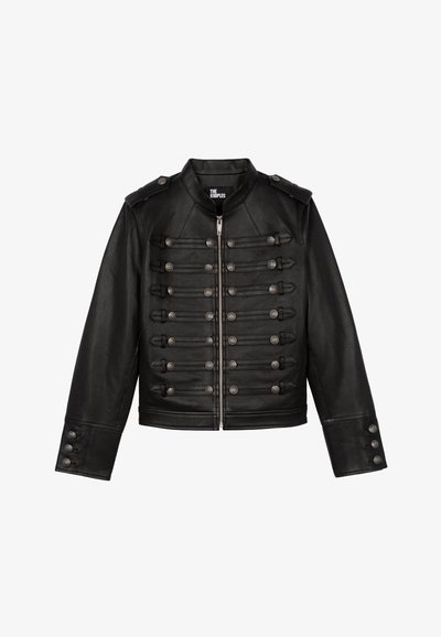 Veste en cuir noir avec fermeture éclair, devant de style militaire avec boutons argentés, épaulettes et poignets à boutons.