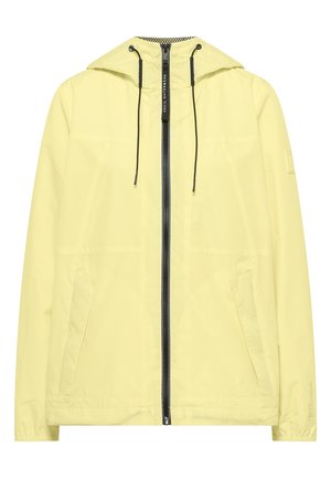 Lysegul hættetrøje med sort frontlynlås, sorte snore og to forlommer.