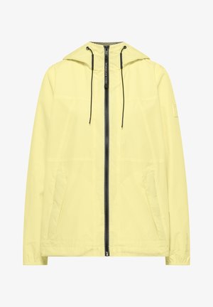 Light yellow hooded rain jacket with black front zipper, black drawstrings, and two front pockets.