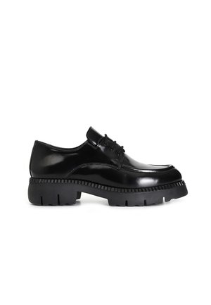 Scarpe oxford in pelle verniciata nera con suola in gomma spessa, punta tondeggiante e design classico con lacci.