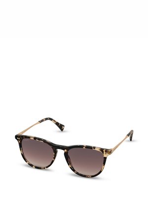 Zonnebril met schildpadsprint, rechthoekige glazen met een bruin verloop en dunne beige metalen pootjes, gepresenteerd op een witte achtergrond.