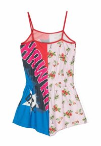 Vestito colorato con design sfalsato; un lato rosso con testo graficato, l'altro lato rosa con motivi floreali e di cocco. Spalline regolabili.
