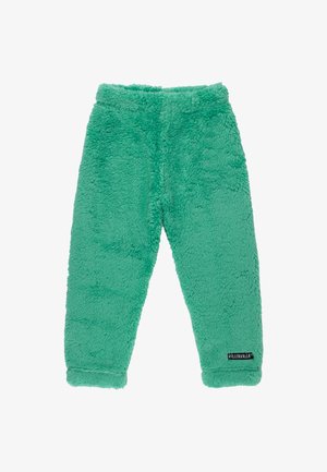 Green fleece pants with a soft, textured surface and elastic waistband. Features a black label on the hem with the brand name "VILLERVALLA."