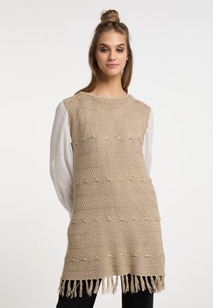 Beige vævet strik tunika med et struktureret mønster, der har en lige pasform, sideslidsedele og frynse-detaljer i kanten.