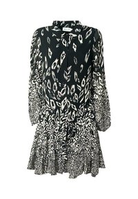 Schwarz-weiß gemustertes Kleid mit langen Ärmeln, einer durchgehenden Knopfleiste und einem ausgestellten Rock mit geschichteter Textur.