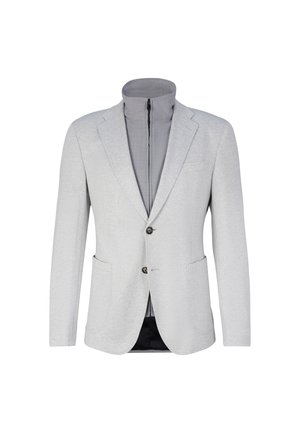 Blazer grigio realizzato in morbido tessuto, con colletto alto con zip, due tasche frontali e due bottoni sul davanti.