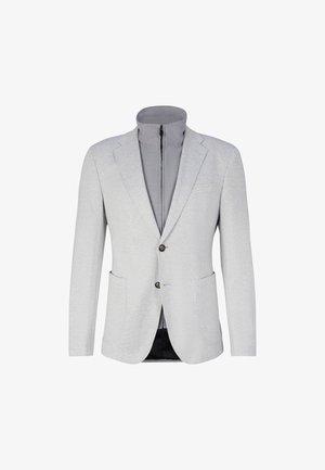 Grey blazer made of soft fabric, featuring a high collar with a zip, two front pockets, and two buttons at the front.
