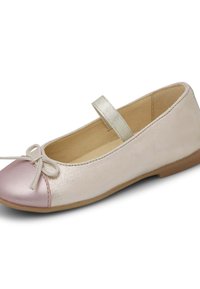 Bailarinas en cuero metálico rosa y beige con puntera redonda, lazo decorativo y tira elástica para un ajuste seguro. Suela plana de goma.