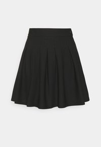 Černá sukně s plisovaným designem, vyrobená z texturované tkaniny, s přiléhavým pasem a rozšířeným lemem. Žádné viditelné kapsy ani ozdoby.