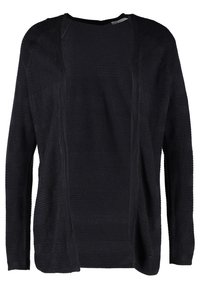 Czarny kardigan wykonany z teksturowanej tkaniny, z otwartym przodem, długimi rękawami i luźnym krojem, z poziomymi paskami.
