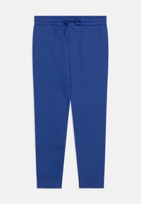 Blue sweatpants in soft cotton, featuring an elastic waistband with a drawstring, side pockets, and ribbed cuffs.