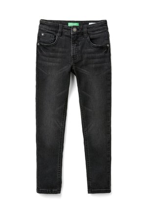 Czarne dopasowane dżinsy z denimu z przednimi i tylnymi kieszeniami, szlufkami na pasek, zapięciem na guzik oraz subtelnym przetarciem.