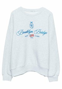 Grijze sweatshirt met ronde hals, verlaagde schouders en een geborduurd ontwerp met "Brooklyn Bridge" en een Amerikaanse vlag.