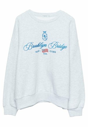 Grå sweatshirt med rund hals, dropped shoulders og et broderet design med "Brooklyn Bridge" og et amerikansk flag.