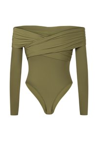 Olijfgroene off-shoulder bodysuit met lange mouwen, voorzien van een gerimpeld ontwerp en een lichaamsvormende pasvorm. Gemaakt van een zachte, rekbare stof.