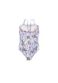 Μονοκόμματος μαγιό με ανοιχτό λιλά ύφασμα, λουλούδιες και σχέδια πεταλούδας, ριγέ λαιμόκοψη και ρυθμιζόμενες τιράντες.