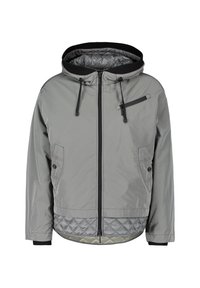 Graue gepolsterte Jacke mit Kapuze, Reißverschluss und zwei Vordertaschen. Mit einem gesteppten Innenfutter und verstellbaren Kordeln an der Kapuze.