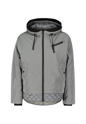 Gray padded jacket with a hood, zip closure, and two front pockets. Features a quilted lining and adjustable drawstrings at the hood.