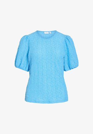 Lys blå teksturert bluse med korte ermer og puffede ermer, rund hals, designet for et casual eller semi-formelt utseende.