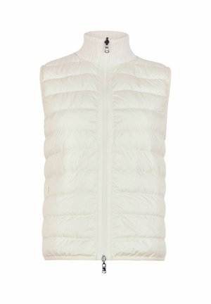 Biała pikowana bezrękawnikowa kamizelka puchowa z prążkowanym stójkowym kołnierzem i dwukierunkowym zamkiem błyskawicznym z przodu, pokazana na jednolitym białym tle.