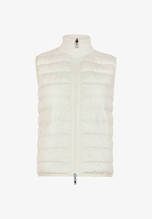 Biała pikowana bezrękawnikowa kamizelka puchowa z prążkowanym stójkowym kołnierzem i dwukierunkowym zamkiem błyskawicznym z przodu, pokazana na jednolitym białym tle.
