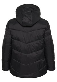 Black hooded puffer jacket with a chevron quilted design. Features a soft texture and elastic trim along the hood for comfort.