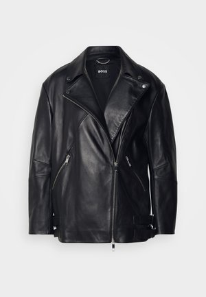Black leather biker jacket with a wide collar, asymmetrical zipper, side pockets, and buckle accents at the cuffs. Smooth texture.