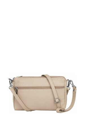 Beige leather crossbody bag with a textured finish, featuring two zippered compartments and an adjustable strap. Silver hardware accents.
