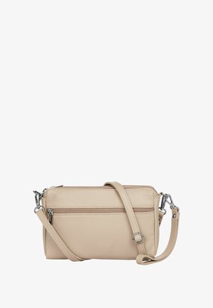 Beige Leder Umhängetasche mit strukturiertem Finish, ausgestattet mit zwei Reißverschlussfächern und einem verstellbaren Trageriemen. Silberne Hardware-Akzente.