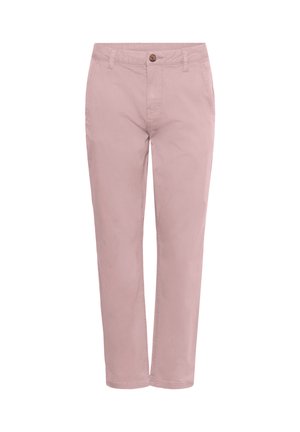 Világos rózsaszín egyenes szárú nadrágok gombos és cipzáras záródással, elülső zsebekkel és övbújtatókkal, fehér háttéren megjelenítve.