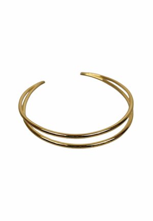 Bracciale sottile in metallo dorato a forma di polsino con due bande aperte parallele, estremità arrotondate e superficie liscia e lucida.