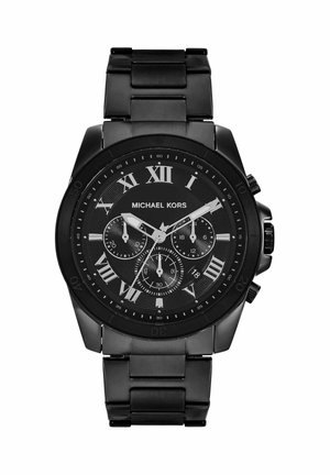 Czarny metalowy zegarek na rękę Michael Kors z rzymskimi cyframi, trzema subtarczami i bransoletą z ogniw pokazujący godzinę 10:10:37.