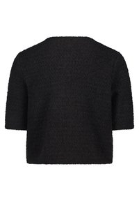 Schwarzer verkürzter Pullover mit kurzen Ärmeln, strukturiertem Stoff und einem kastigen Design. Keine Verschlüsse oder Details von hinten sichtbar.