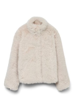 Nepbonten jack in zacht beige, met een hoge kraag, lange mouwen en een rechthoekige pasvorm, met een getextureerd, pluizig oppervlak. Geen zichtbare sluitingen.