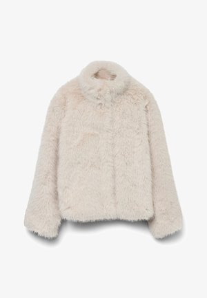 Nepbonten jack in zacht beige, met een hoge kraag, lange mouwen en een rechthoekige pasvorm, met een getextureerd, pluizig oppervlak. Geen zichtbare sluitingen.