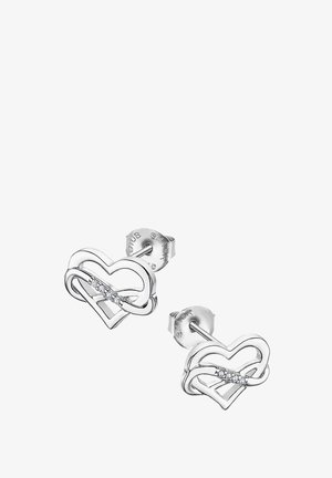 Boucles d'oreilles en argent en forme de cœur avec un design entrelacé et une rangée de petites pierres claires en accent. Fini poli et fermoir à tige.