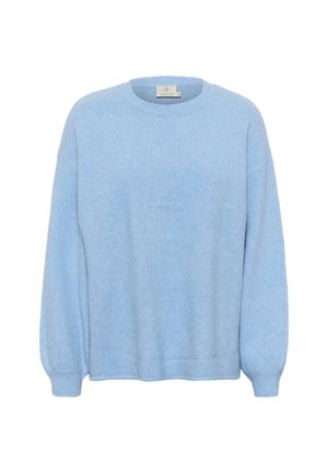 Ljusblå stickad tröja med rundad halsringning, sänkta axlar och ribbade ärmslut. Mjuk, strukturerad tyg med en avslappnad passform.