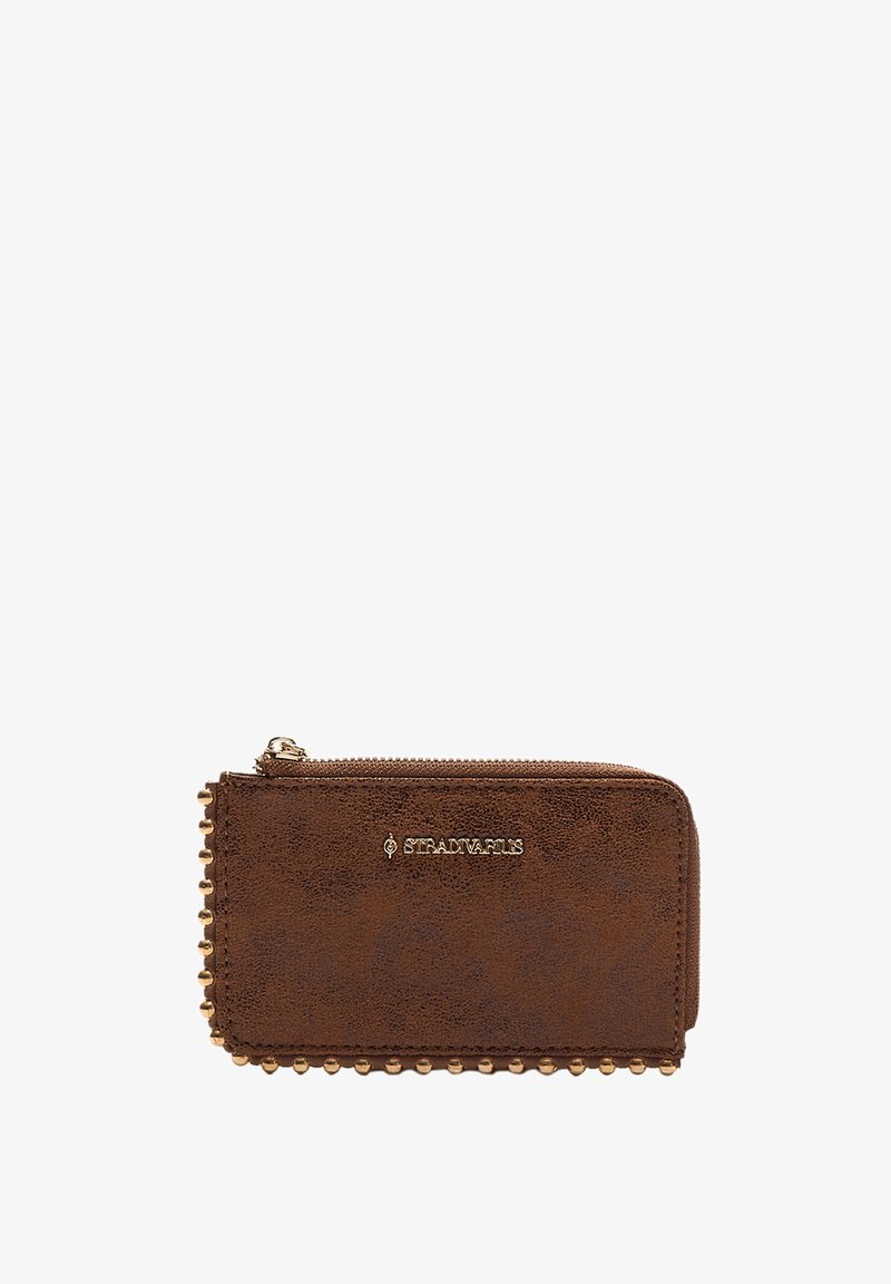 Brown faux leather wallet with a zip closure, featuring gold-tone hardware and decorative studs along the edge. Front logo embossed.