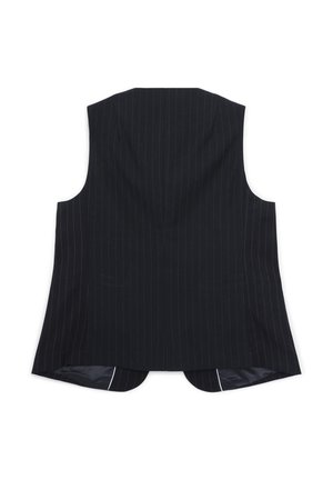 Schwarze Nadelstreifenweste mit maßgeschneidertem Design. Hat einen hohen Kragen, offene Seiten und einen leicht längeren hinteren Saum. Glatte Stofftextur.