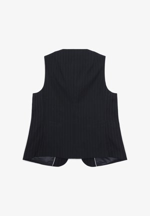 Gilet a righe nere con un design sartoriale. Presenta un colletto alto, lati aperti e un orlo posteriore leggermente più lungo. Tessuto dalla texture morbida.
