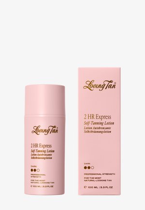 Flacon rose et boîte de lotion autobronzante Loving Tan 2 HR Express, teinte foncée, 100 ml, étiquetés force professionnelle pour un bronzage au rendu naturel.