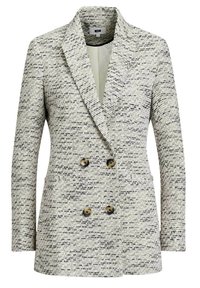 Damska dwurzędowa marynarka z czarno-białej tkanej tkaniny, z klapami, dwiema przednimi kieszeniami oraz czterema guzikami w kolorze szylkretowym.