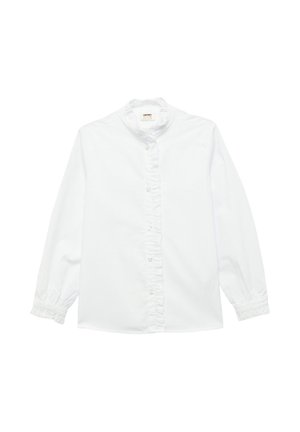 Biała bluzka z długim rękawem, z falbaniastym wysokim kołnierzem, z przodu zapinana na guziki i z falbaniastymi mankietami, na jednolitym tle.