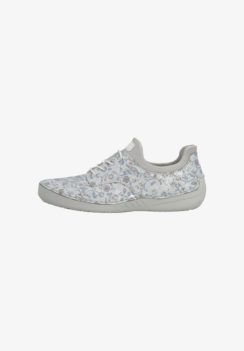 Baskets décontractées gris clair avec lacets blancs et motif floral multicolore subtil, col rembourré doux et semelle flexible, vues de côté.
